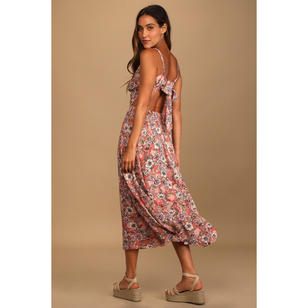 Lulus Ties With You Rose Pink Floral Print Tie-back Midi Dress - Size XXL